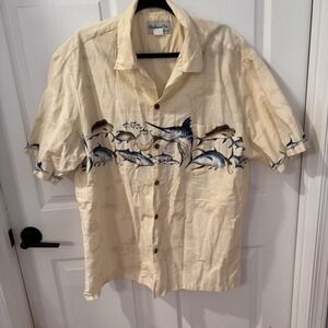 Vintage Bishop St. Hawaiian Fish‎  Shirt Mens 2XL  Beige Short Sleeve Button USA
